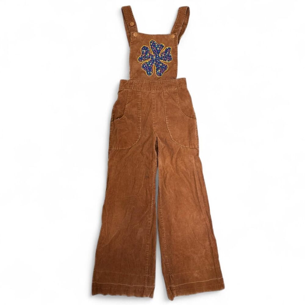vintage 70s hippie boho festival corduroy floral patch overalls wide leg fit XS